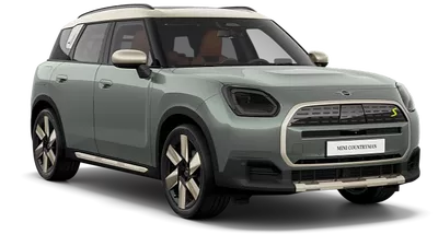 MINI Countryman – vollelektrisches Modell Hellgrüner MINI Countryman mit schwarzem Dach in vorderer Dreiviertelansicht.