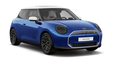 MINI Cooper – vollelektrisches Modell Blauer MINI Cooper mit weißem Dach in vorderer Dreiviertelansicht.