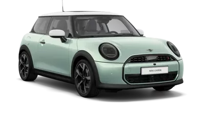 MINI Cooper – hellgrünes Modell Hellgrüner MINI Cooper mit weißem Dach in vorderer Dreiviertelansicht.