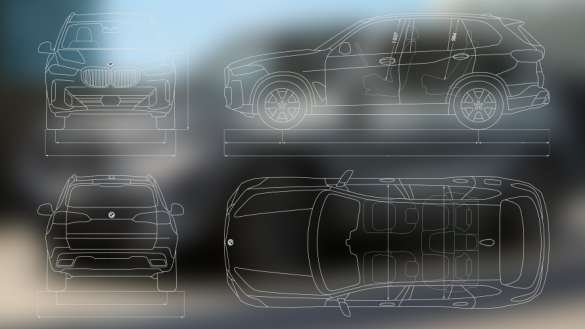 Grafik eines BMW SUV mit mehreren technischen Ansichten von vorn Grafik eines BMW SUV mit mehreren technischen Ansichten von vorn, hinten, der Seite und oben.